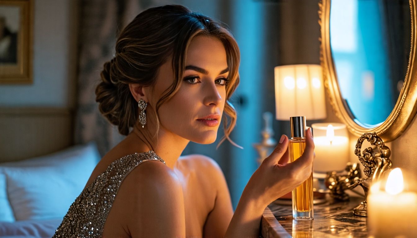 A woman in her mid-30s elegantly applies perfume oil at a vanity table.