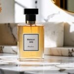 A bottle of Maison IRFE perfume shown on a marble