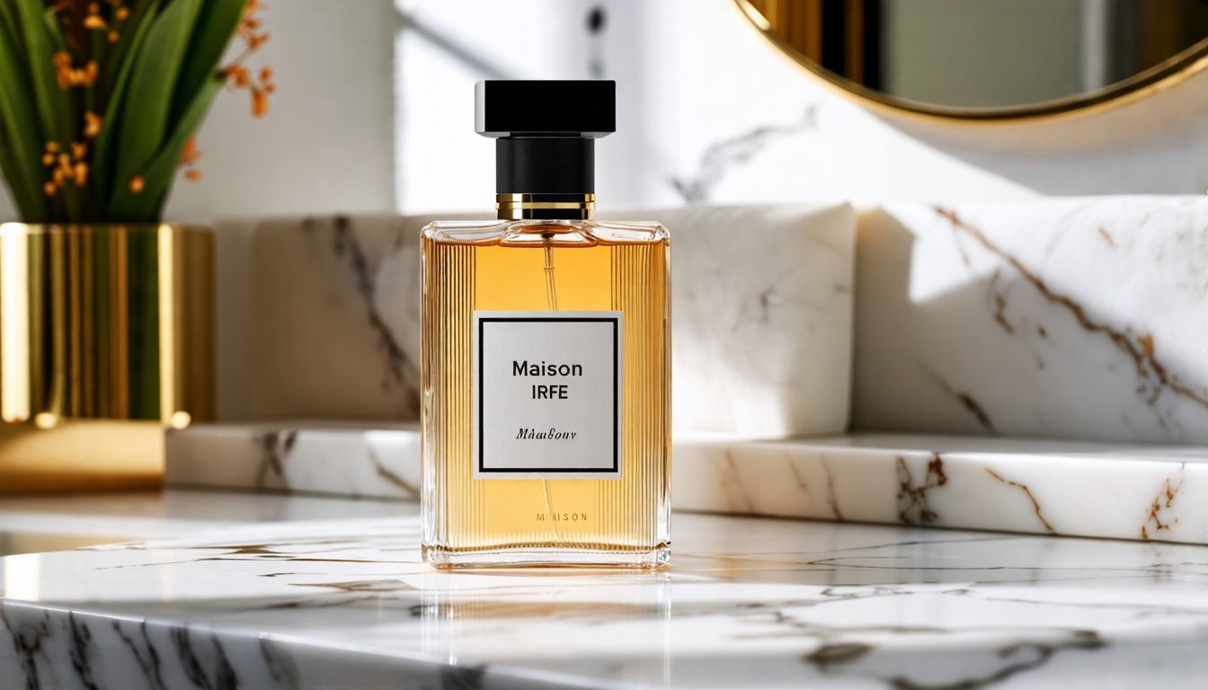 A bottle of Maison IRFE perfume shown on a marble vanity with luxurious details