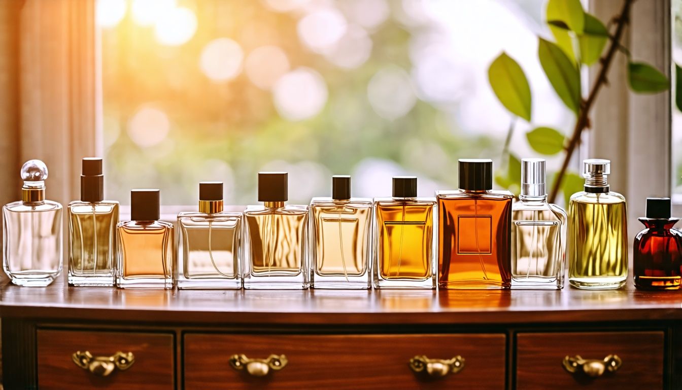 Assorted perfume bottles displayed on a vintage dresser in a cozy bedroom.