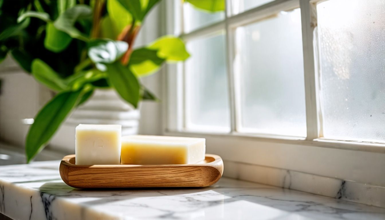 A scented bar of perfumed soap on a wooden dish in a bright, fresh bathroom.