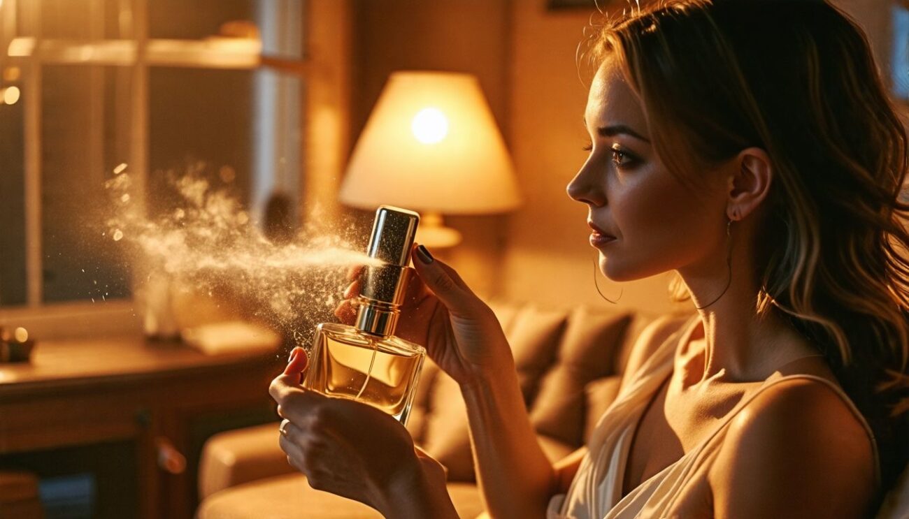 A woman in her 30s elegantly spritzing a top vanilla perfume in a cozy room.