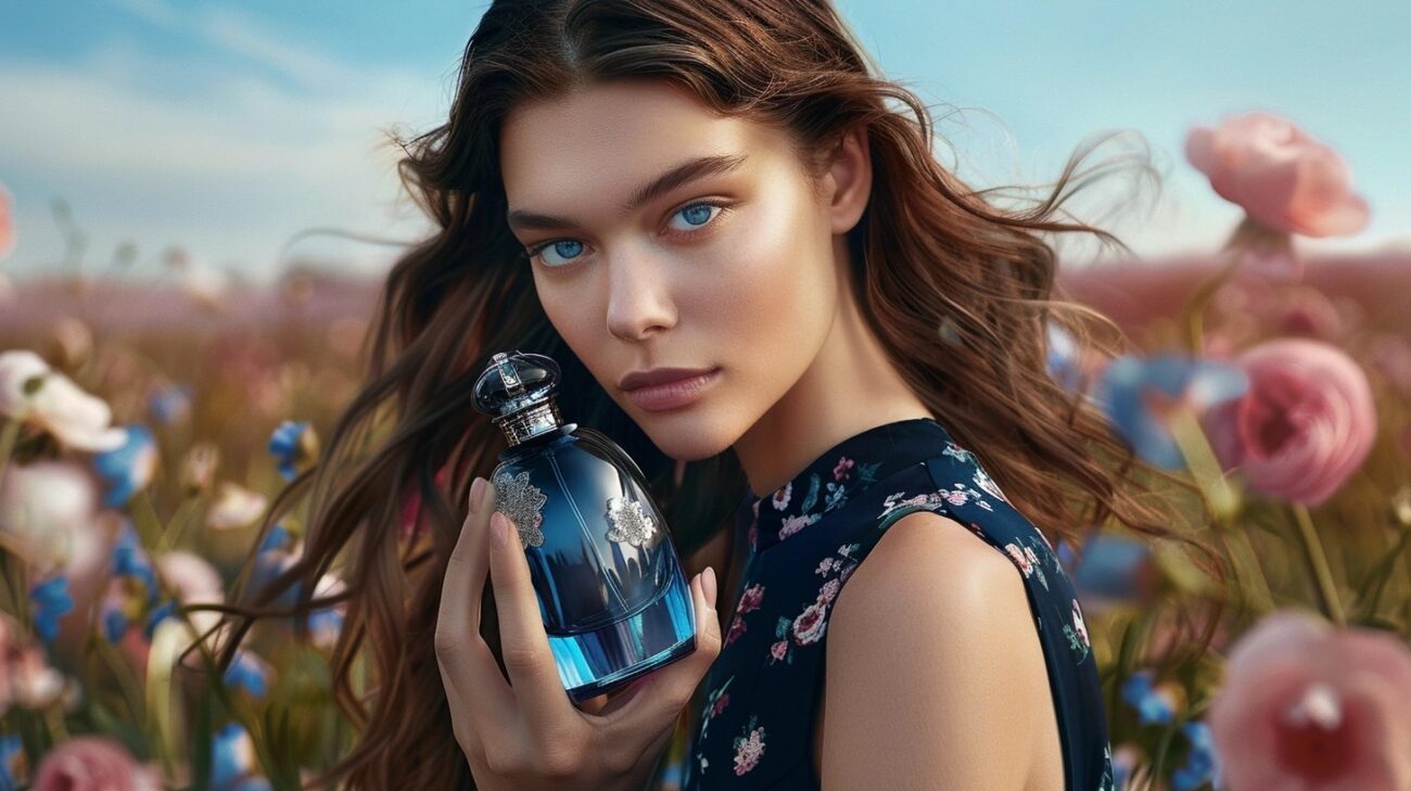 model is holding an elegant blue bottle of summer perfume for women, posing in front of a floral field