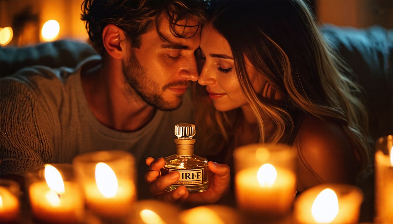 A couple in their late 30s holding a bottle of aphrodisiac perfume in a romantic setting.