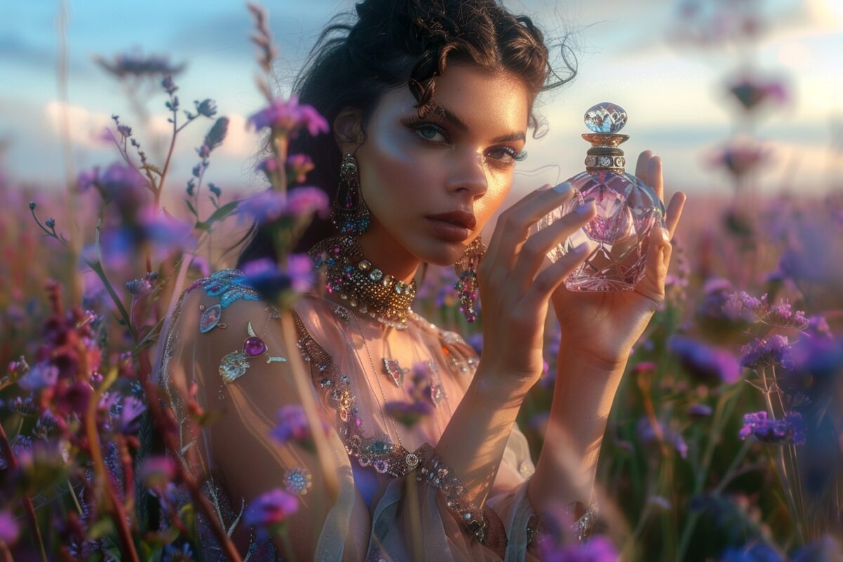 A dark haired girl is modeling for the expensive patchouli perfume campaign holding an elegant bottle of perfume