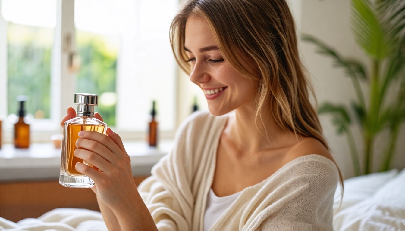 A young woman happily applies budget-friendly perfume in a cozy bedroom.