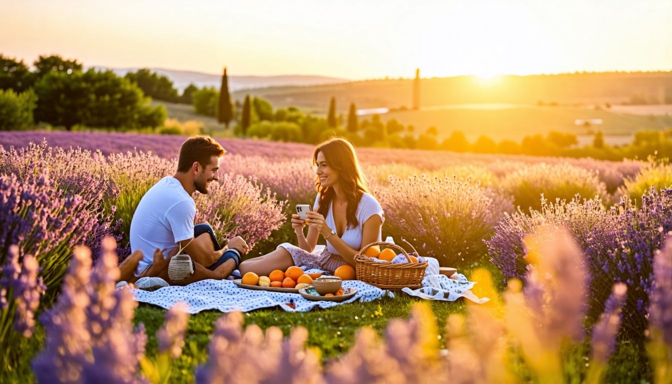 A couple in their thirties enjoying a picnic in a blooming meadow surrounded by lavender and citrus trees.