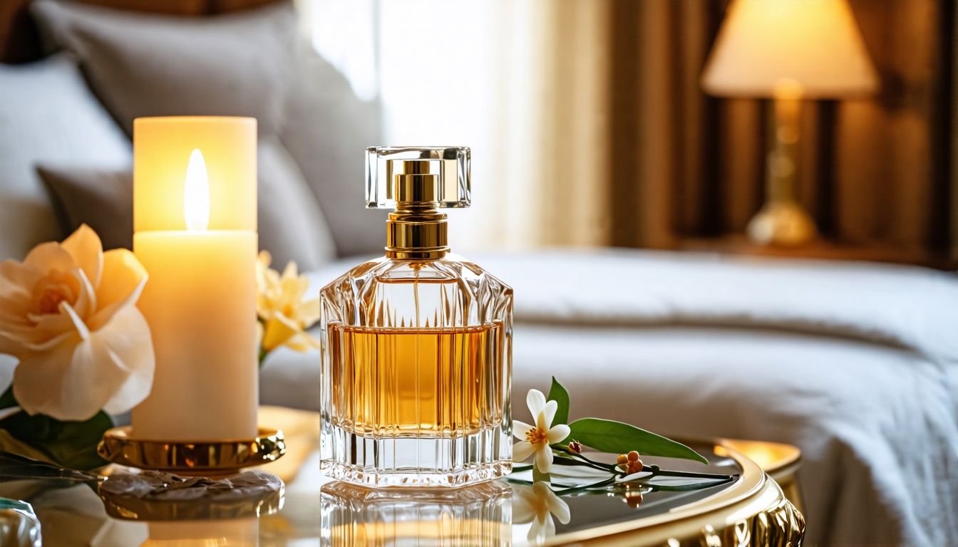 An elegant perfume bottle with a rich vanilla scent displayed on a luxurious vanity table, evoking a sense of long-lasting luxury.