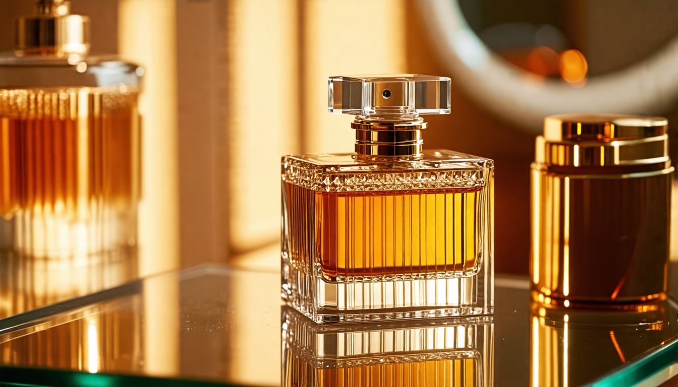 A luxurious bottle of perfume set on a glass vanity table, highlighting the exquisite packaging and rich scent.