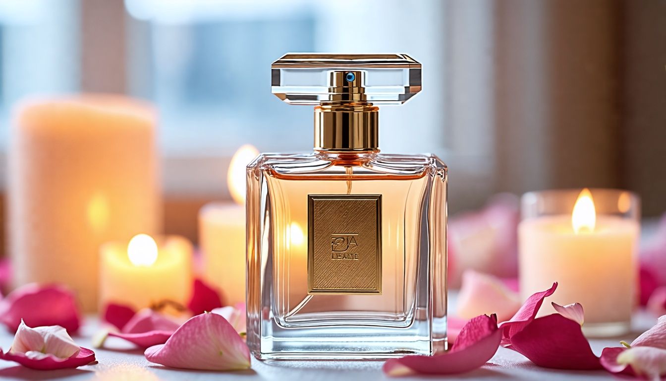 A luxury glass perfume bottle surrounded by rose petals as an exemple of best selling perfumes for women