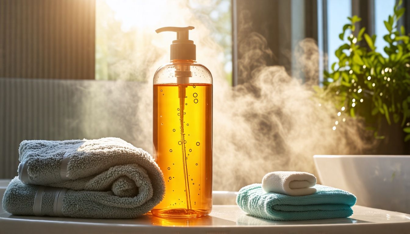 A bottle of body wash and a towel in a steamy bathroom.