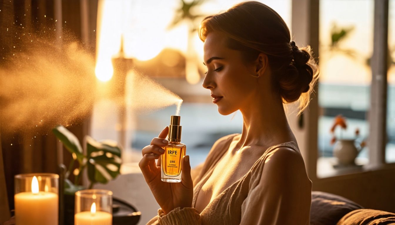 A woman in her early 30s elegantly sprays IRFE perfume oil in a luxurious setting.