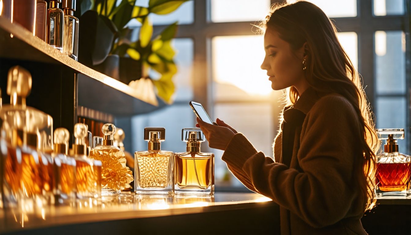 A woman in her 30s comparing Eau de Parfum and Eau de Toilette in a fragrance boutique.