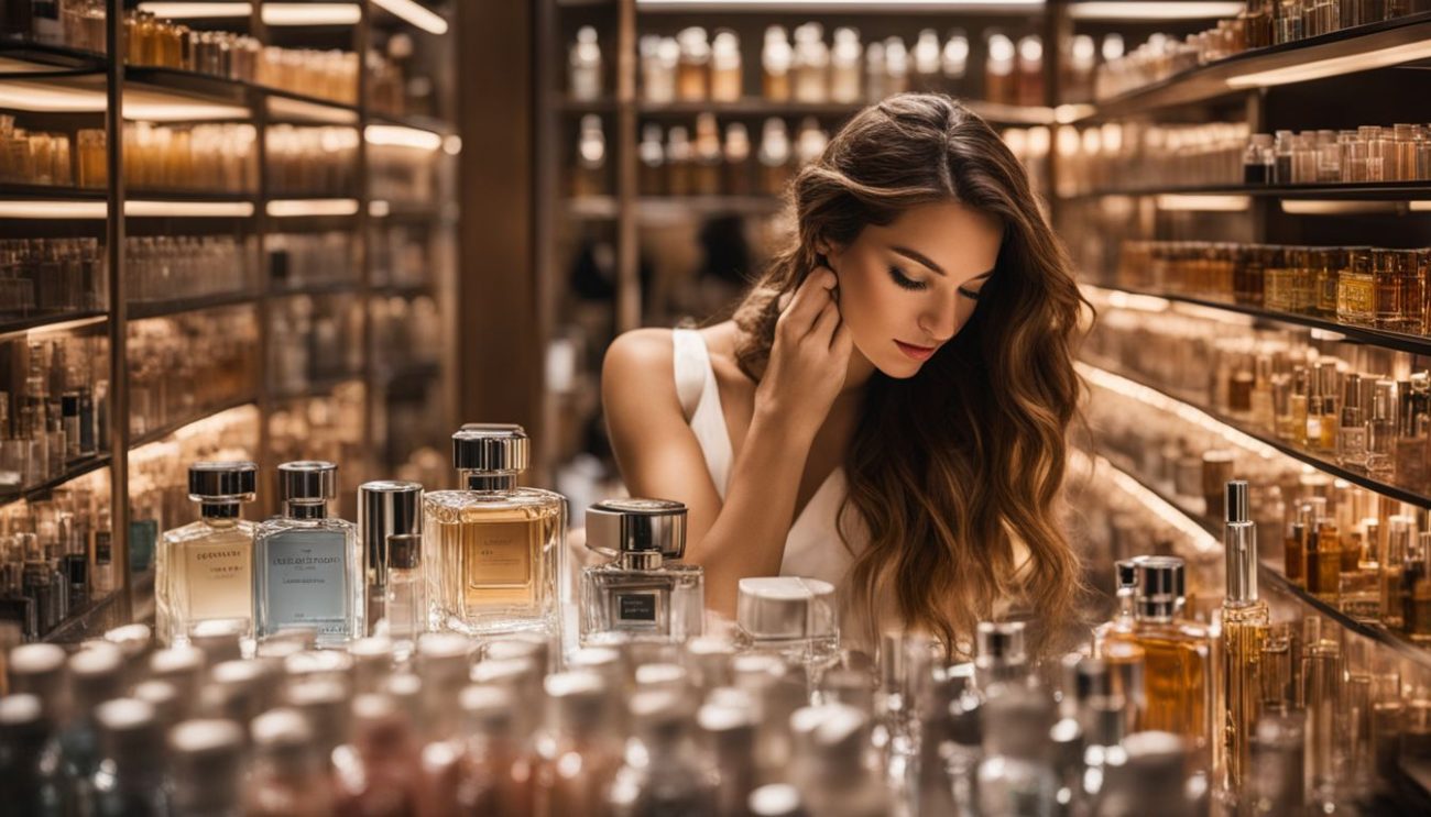 A woman testing and admiring various perfume sampler sets