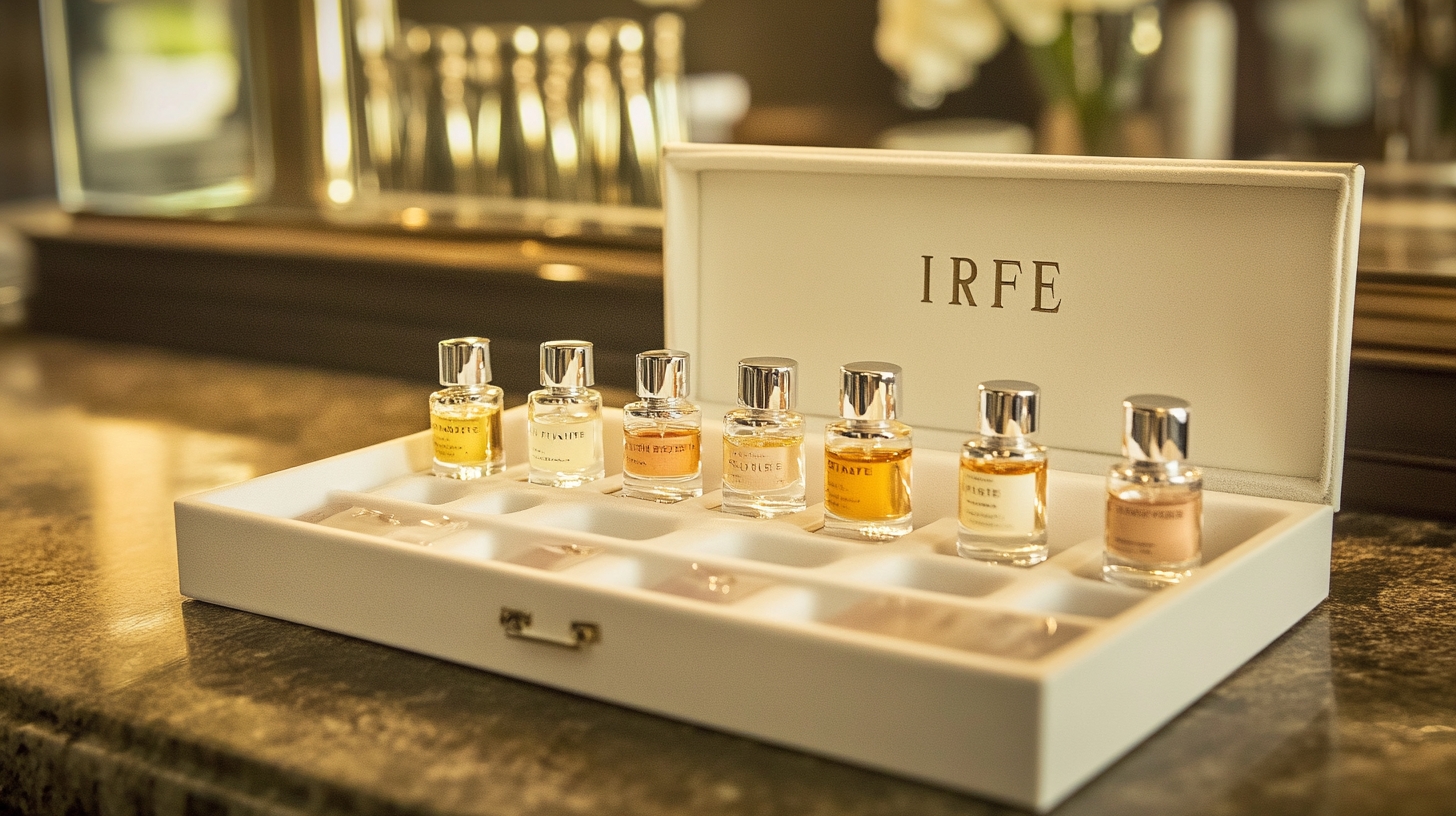 IRFE limited edition mini perfume samplers set in a high quality open white box on a vanity