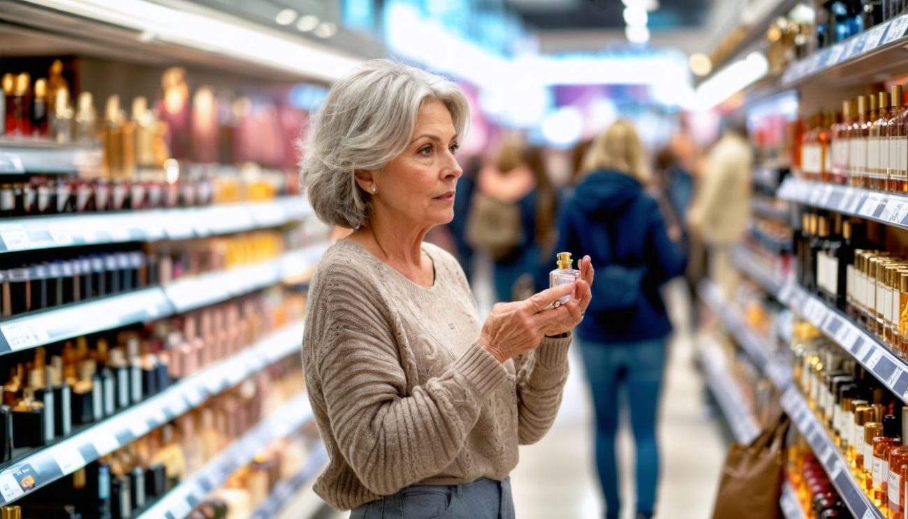 A woman shopping for perfume in a busy department store.