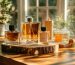 a few different amber wood perfumes on a solid table