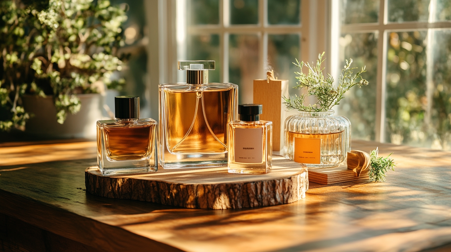 a few different amber wood perfumes on a solid table