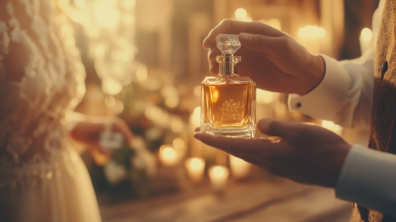  a sophisticated couple - man hands an amber perfume to a woman