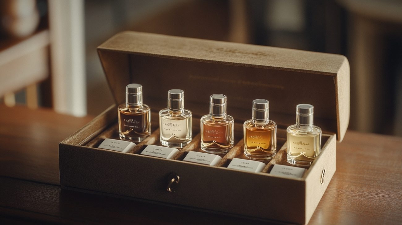 mini perfume samplers set in a high quality open box on a vanity 1