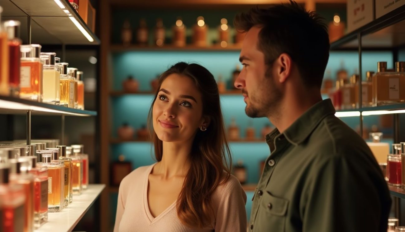 A couple browsing apple-scented perfumes in a cozy boutique.