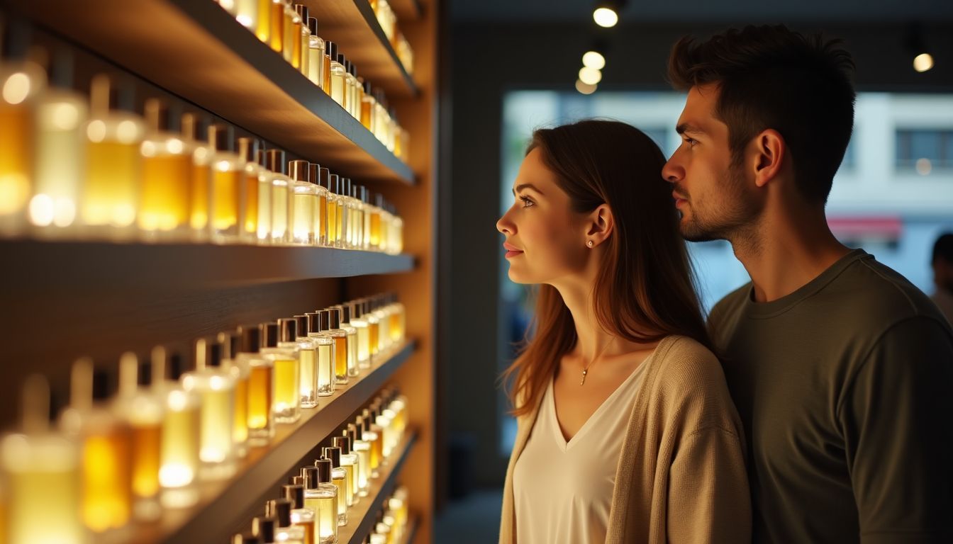 A couple casually explores a boutique with sandalwood perfume bottles on the shelves