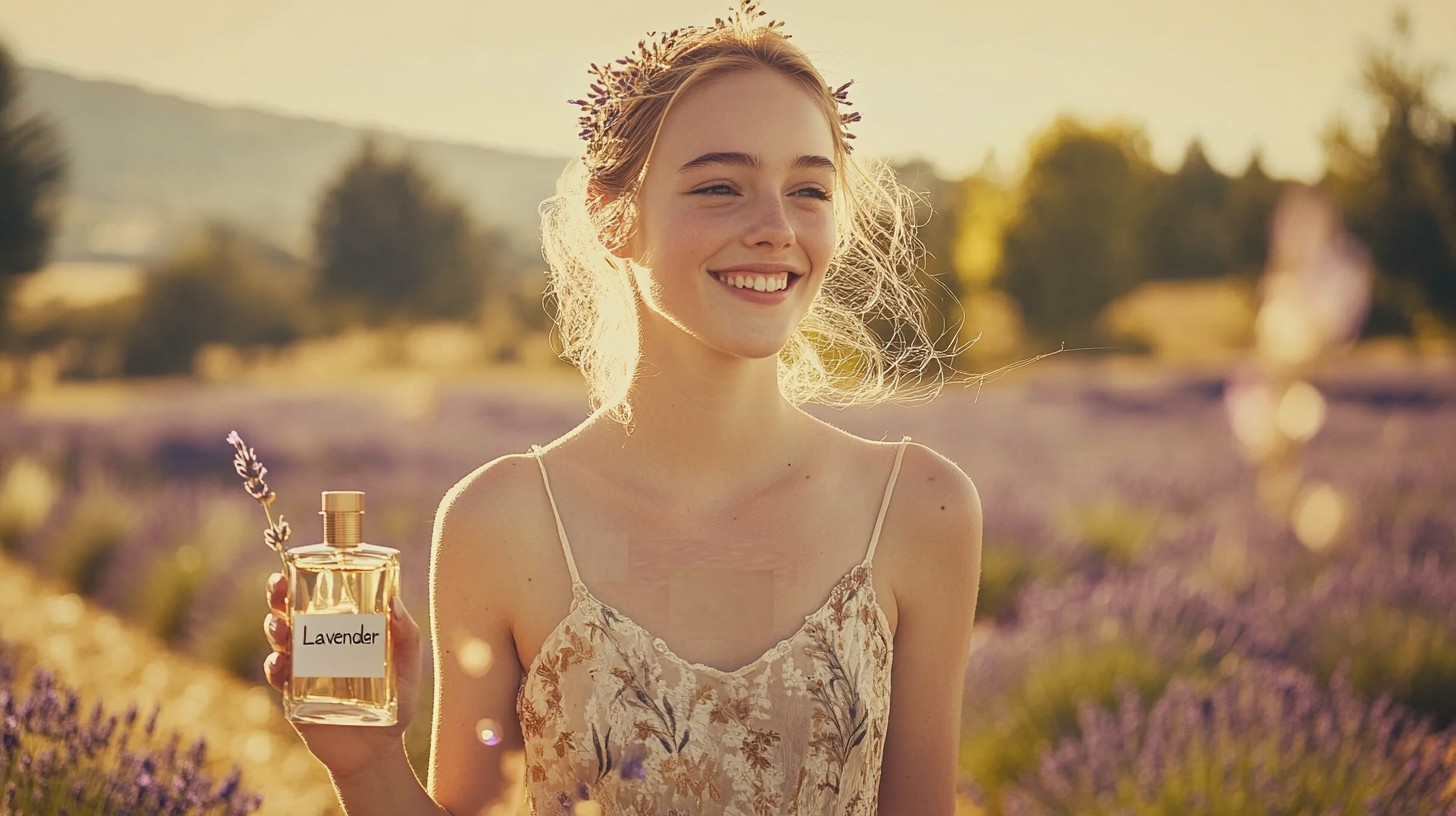 A girl in the middle of a lavender field smiling and holding a beautiful perfume bottle