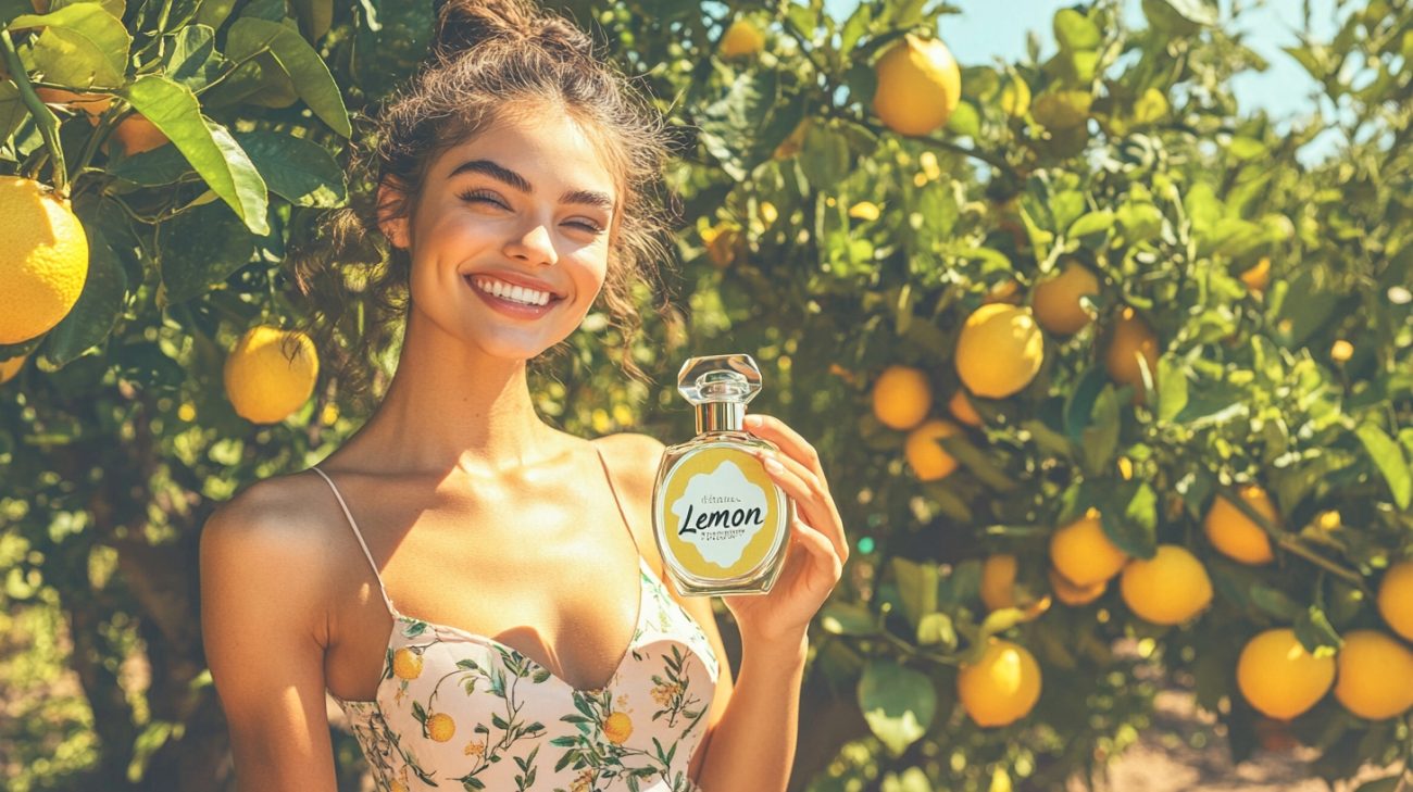 A gorgeous woman in the middle of a citrus garden smiling and holding a glass perfume bottle