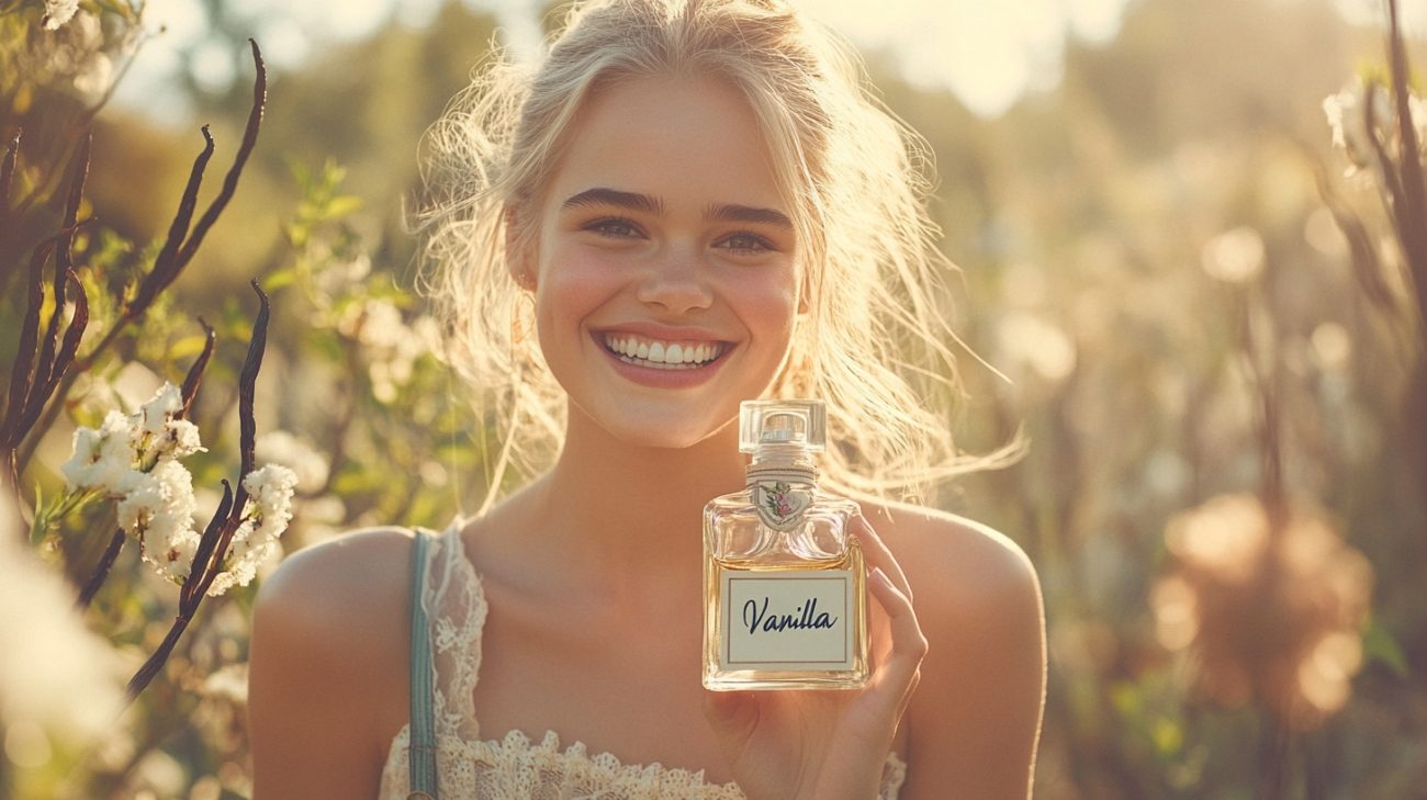 A gorgeous woman in the middle of a garden smiling and holding a glass perfume bottle with a Vanilla label