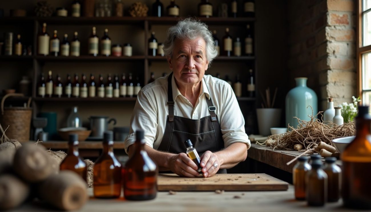 A middle-aged perfumer blending vetiver oil in a rustic workshop with amber glass bottles and dried roots