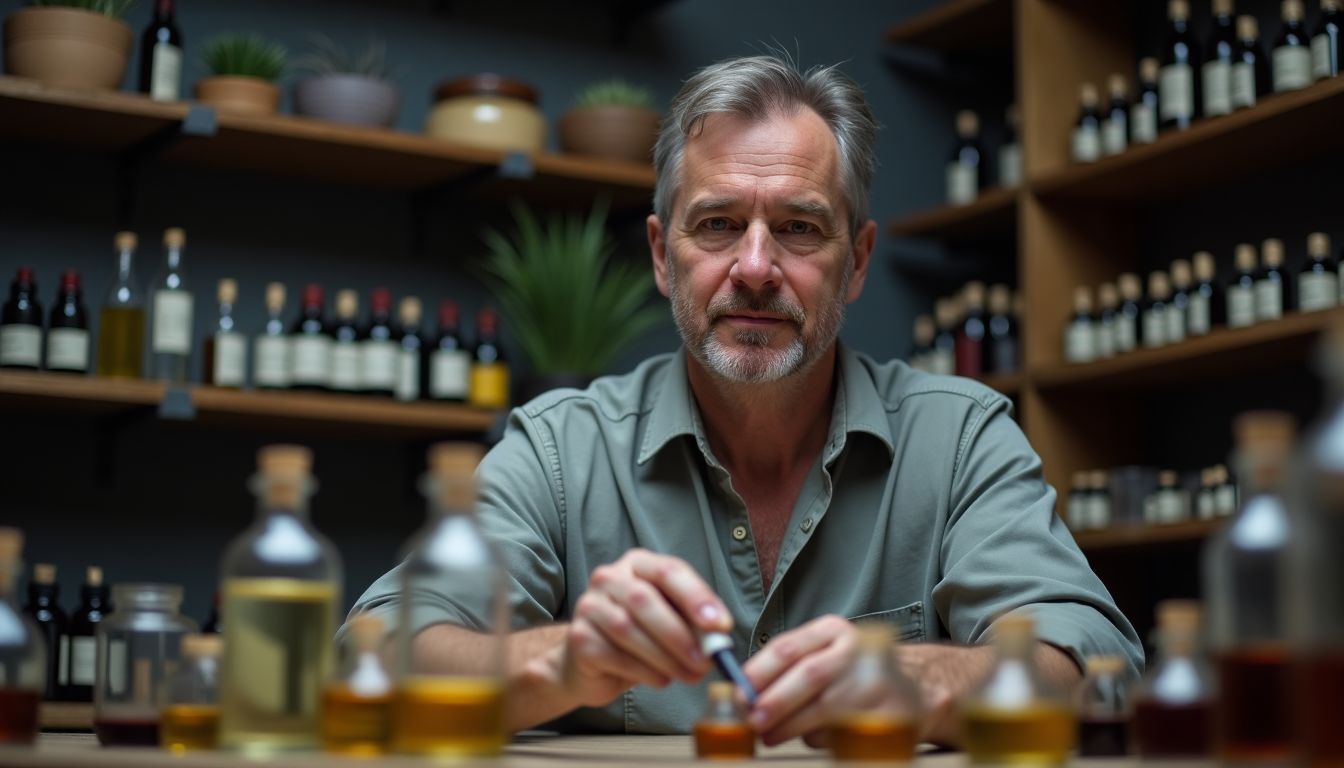 A middle-aged perfumer blends lavender oil in a workshop filled with essential oils and glass bottles.