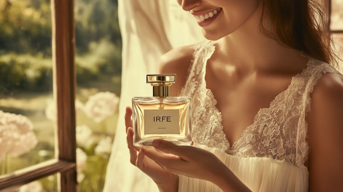 A woman at home smiling and holding a sophisticated costly Iris perfume bottle