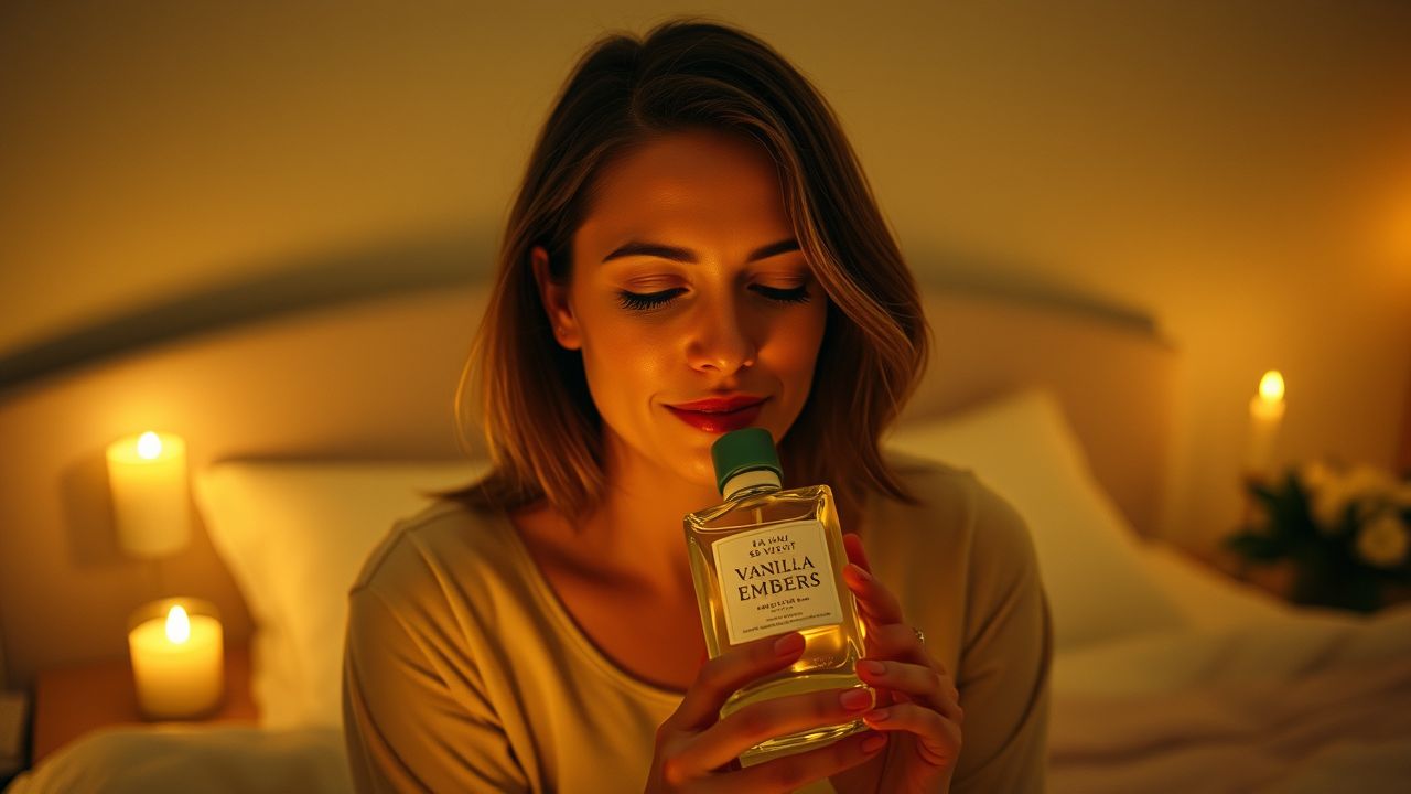 A woman in her 30s enjoying the scent of Vanilla perfume in a cozy bedroom