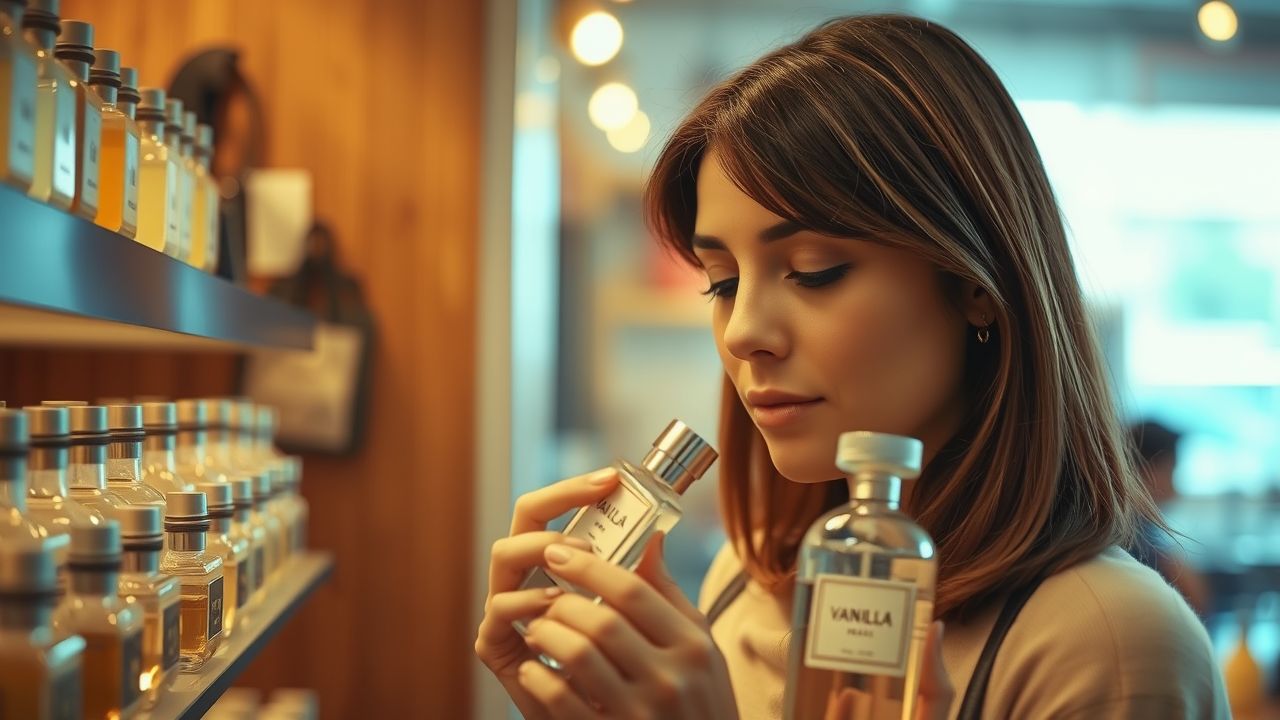 A woman in her mid-20s is shopping for vanilla perfumes in a cozy boutique.