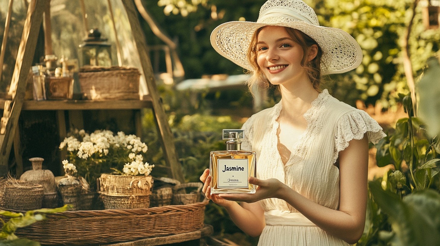 A woman in the garden smiling and holding a beautiful perfume bottle with a "Jasmine" label on it