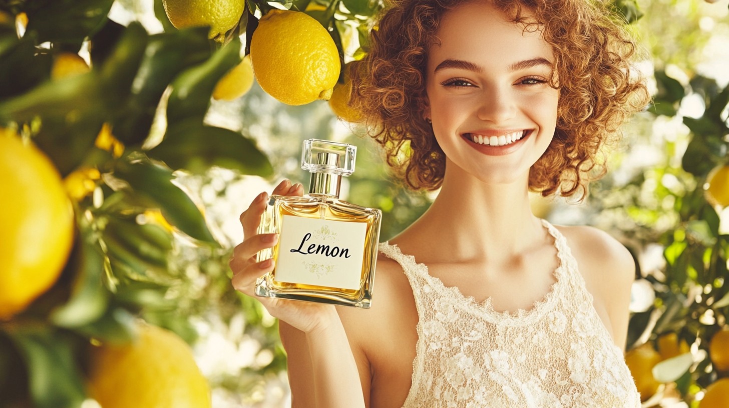 A woman in the middle of a citrus garden smiling and holding a glass perfume bottle