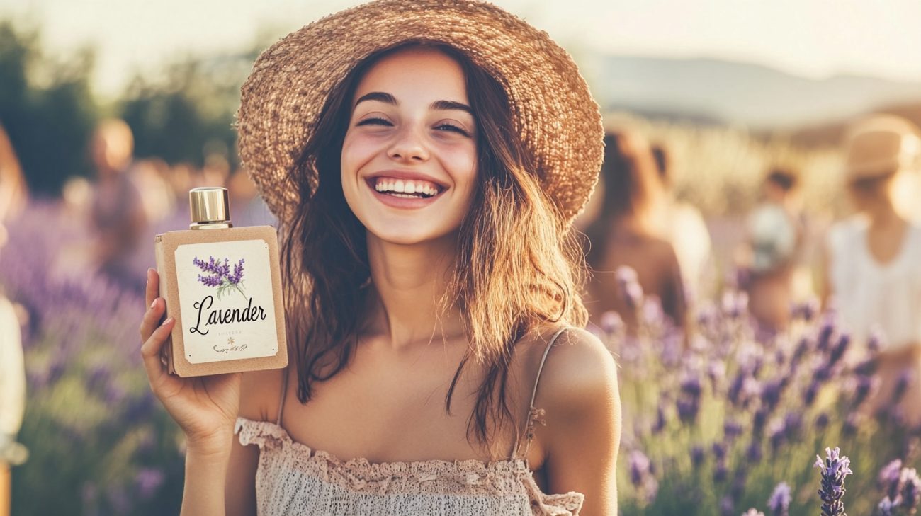 A young woman in the middle of a lavender field smiling and holding a beautiful perfume bottle