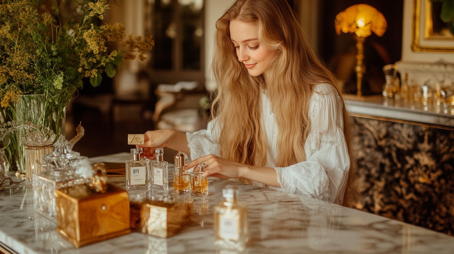 An exquisite long haired woman is sitting at the gloss marble vanity testing luxurious expensive perfume samples