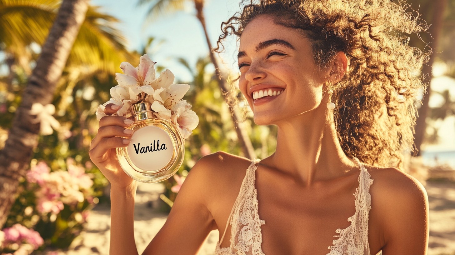 A gorgeous woman in the middle of a vanilla garden smiling and holding a glass perfume bottle with a Vanilla label