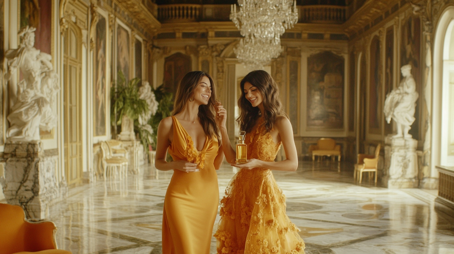 Two gorgeous females in orange gowns smiling standing in an Italian hall, one of them is sniffing a small bottle of an Orange Blossom Perfume