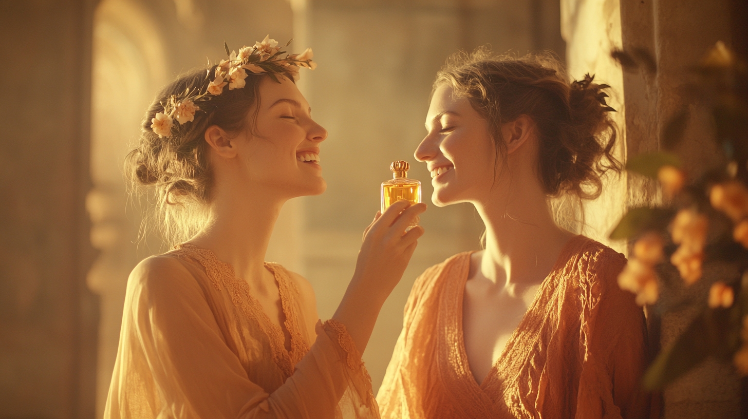 Two females in orange gowns sniffing a small bottle of an Orange Blossom Perfume