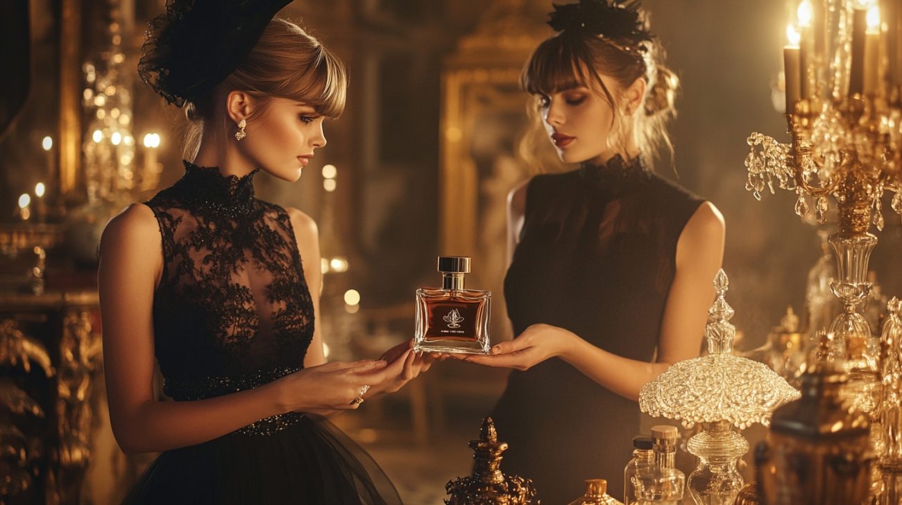 Two females standing in a ball room presenting a small bottle of a peach Perfume