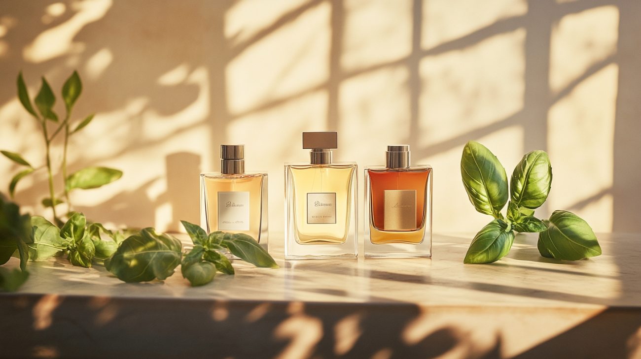 a few different luxury perfumes on a luxury vanity, Basil leaves beside