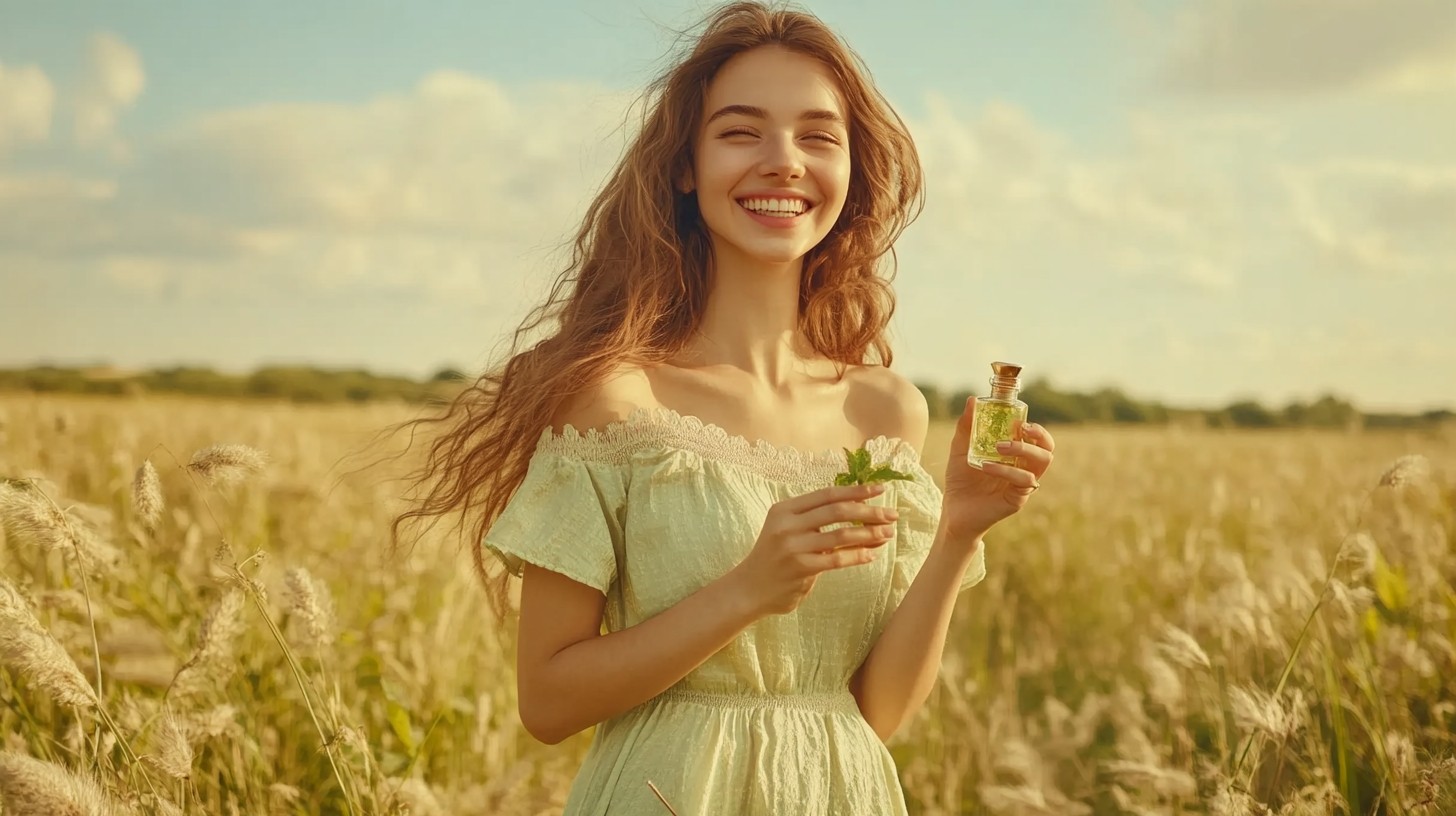 a girl in a light-green short silk dress on a mint meadow smiling and holding a small glass bottle of a mint perfume