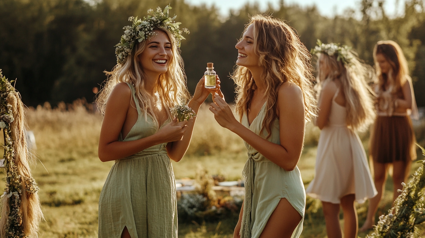 a group of women on a mint meadow smiling and sniffing mint perfume