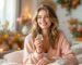 A young woman smiling in a cozy room with flowers, holding a natural perfume bottle with no metal