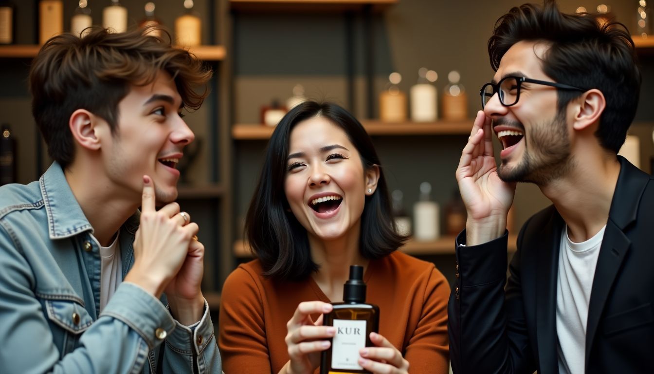 Three young people having a playful moment while trying musk and oud fragrances at a trendy boutique.