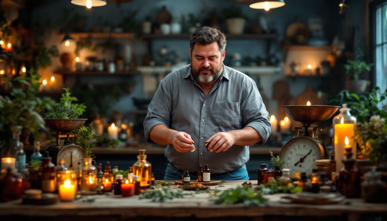 A perfumer in a dimly lit workshop blends essential oils surrounded by vintage apothecary items.