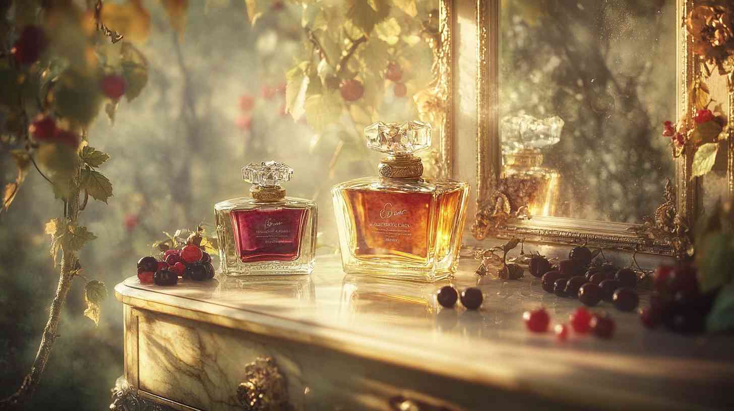 luxury Blackcurrant perfume bottle on a luxury vanity and Blackcurrant berries nearby