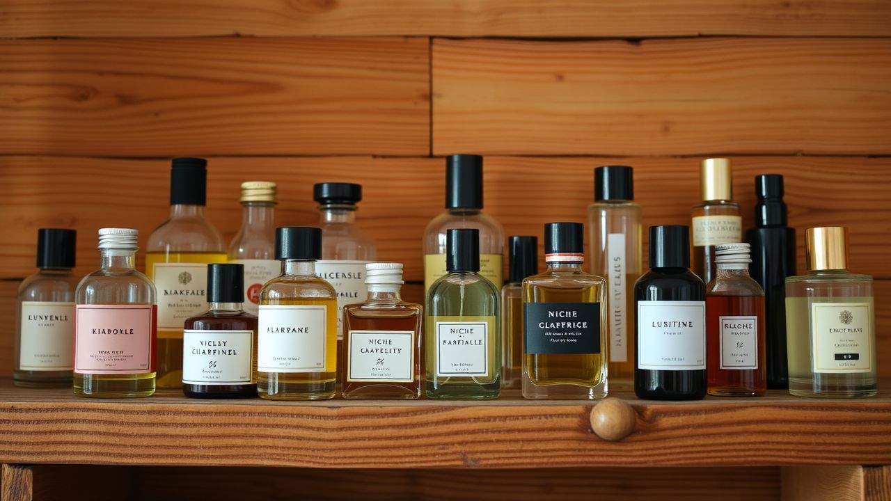 A rustic wooden shelf displays a collection of niche perfume samples and decants.